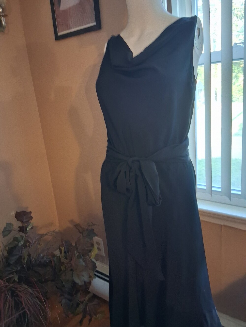 Coldwater Creek Black Sleeveless Cowl Neck Maxi Dress with Waist Tie